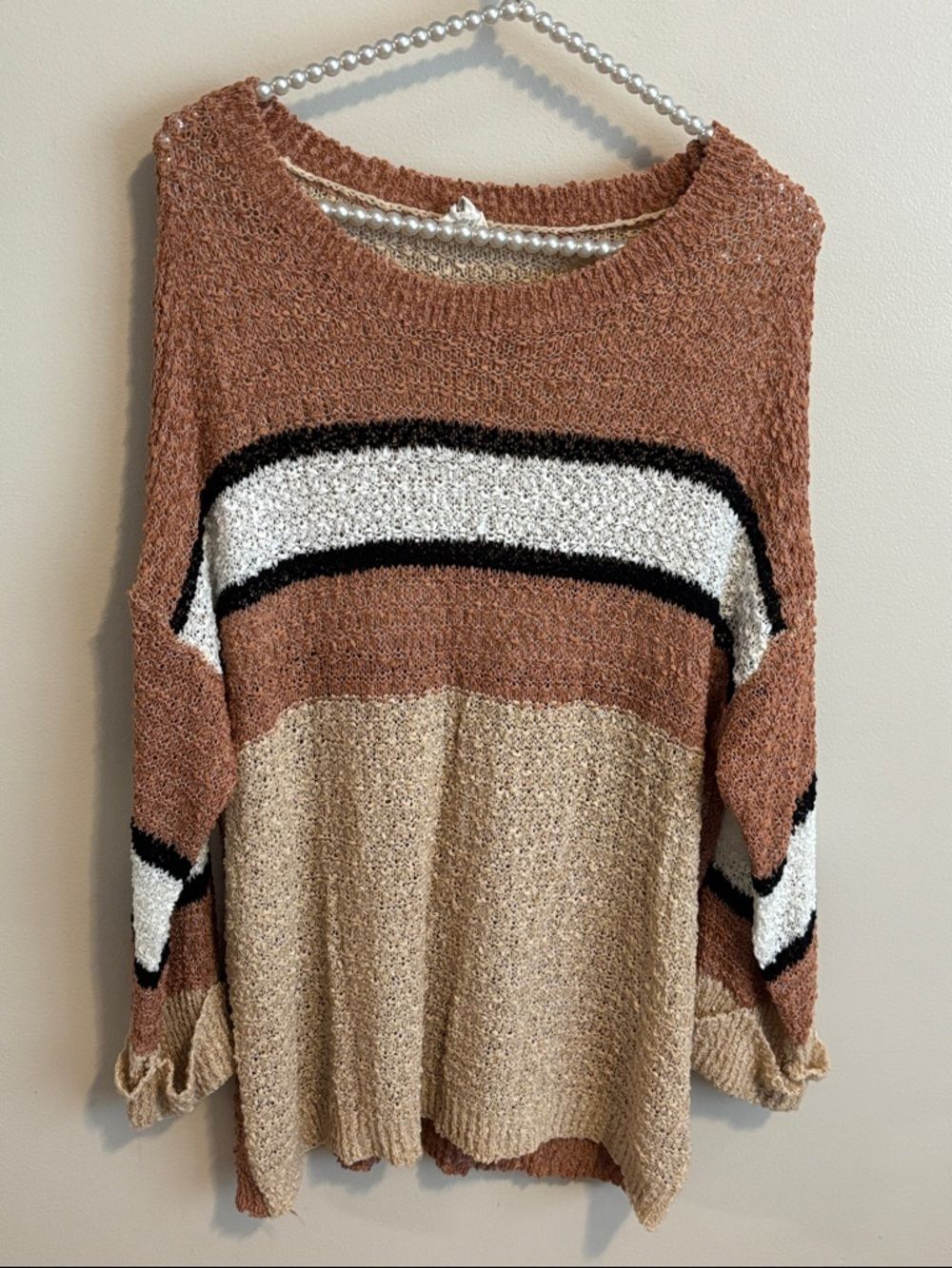 Bibi Open Pointelle Knit Striped Sweater Women Small S Brown Tan Cream Boho Top